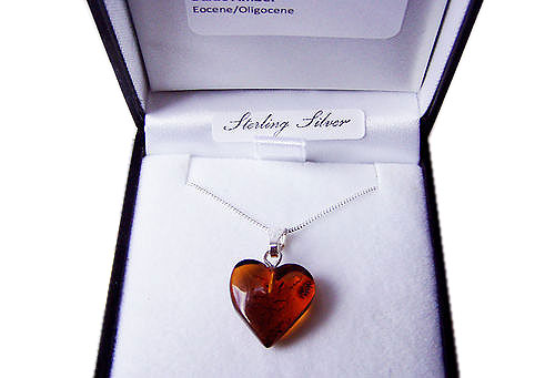 Tiny Baltic Amber Heart Pendant.  7mm Amber Cabochon on 18inch Silver Chain. Boxed