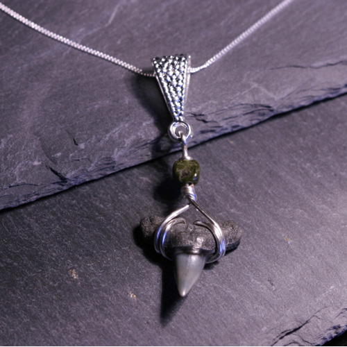 Fossil Lemon Shark Tooth Necklace on 18inch Silver Chain, Boxed.