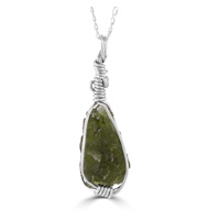 Moldavite Necklace. Tektite - Natural Green Glass Formed During Meteorite Impact. Wrapped in Silver Wire, on 18in Chain, Boxed with Certificate