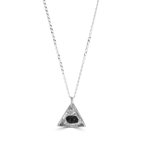 Silver Triangle with Meteorite Fragment Necklace, 18in Chain, Boxed with Certificate